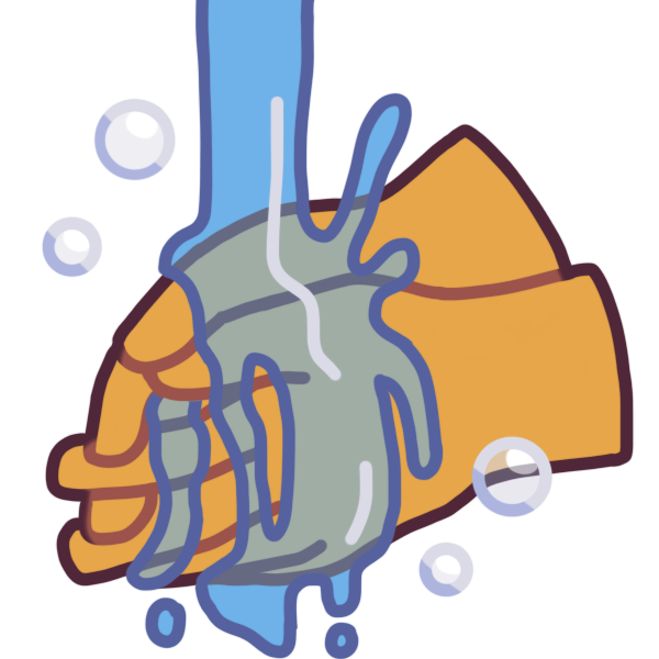  a pair of washing hands under flowing blue water with bubbles. 